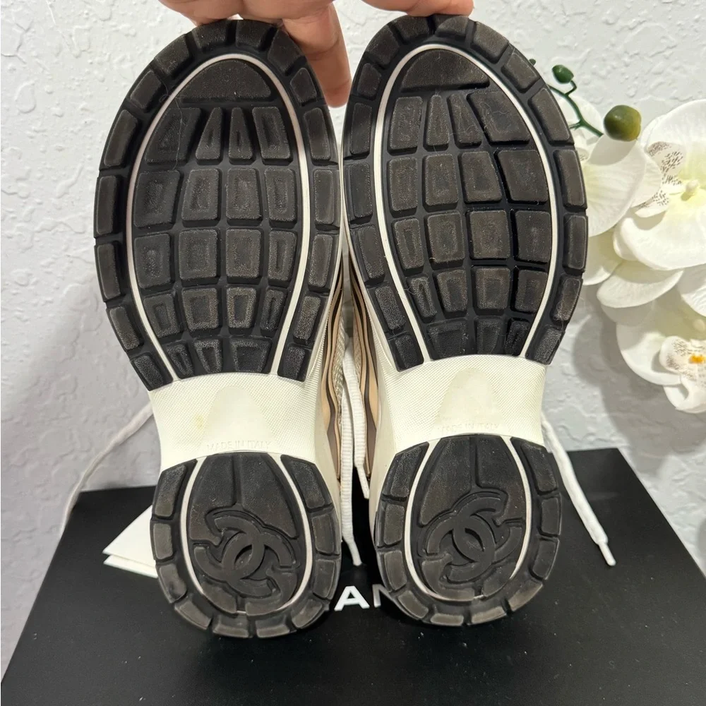 CHANEL Cream White Beige Mesh Logo Sneakers